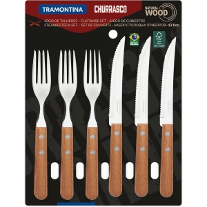 Jogo de talheres para churrasco dynamic sortidos com laminas de aco inox e cabos de madeira - 12 peças