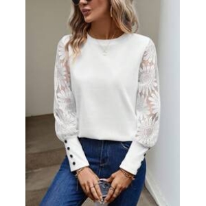 Easowa Top Feminina de Malha Waffle com Aplicação de Renda e Floral nas Mangas, Branca