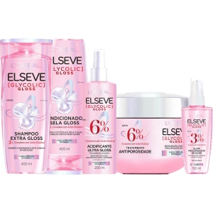 Kit Tratamento Capilar L'Oréal Paris Elseve Glycolic Gloss, Combate Porosidade, 5 Produtos para Brilho e Alinhamento